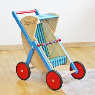 Puppenwagen aus Holz blau-grün personalisierbar
