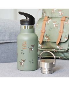 Kinder-Thermosflasche Reh olivgrün mit Gravur