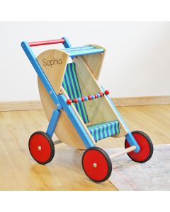 Puppenwagen aus Holz blau-grün personalisierbar